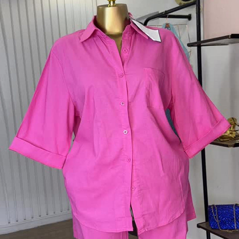 Women&#039;s Clothing Summer New Fashion Lapel Loose Three-Quarter Sleeve Shirt Wide-Leg Shorts Suit