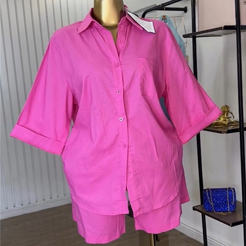 Women&#039;s Clothing Summer New Fashion Lapel Loose Three-Quarter Sleeve Shirt Wide-Leg Shorts Suit
