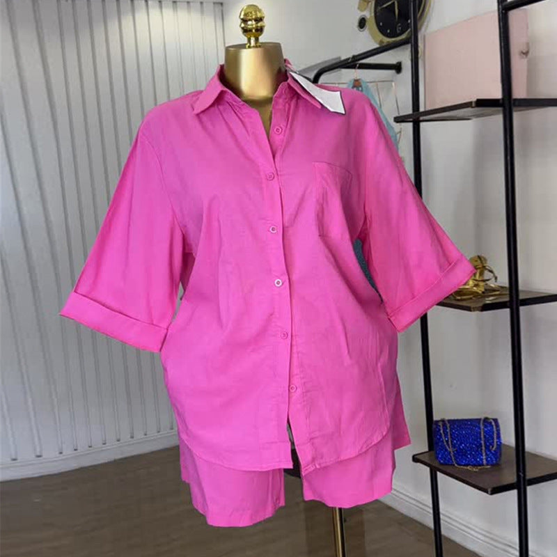 Women&#039;s Clothing Summer New Fashion Lapel Loose Three-Quarter Sleeve Shirt Wide-Leg Shorts Suit