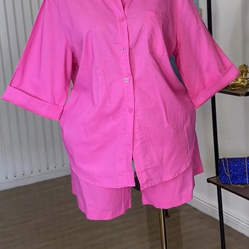 Women&#039;s Clothing Summer New Fashion Lapel Loose Three-Quarter Sleeve Shirt Wide-Leg Shorts Suit