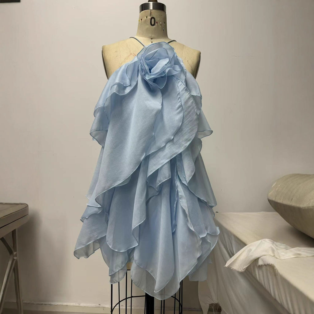 Australian Designer Brand Halter Neck Three-dimensional Flower Decoration Irregular Ruffled Off-shoulder Sleeveless Fashionable Skirt